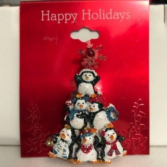 Glitter Penguin Christmas Tree Brooch - Picture 1 of 6